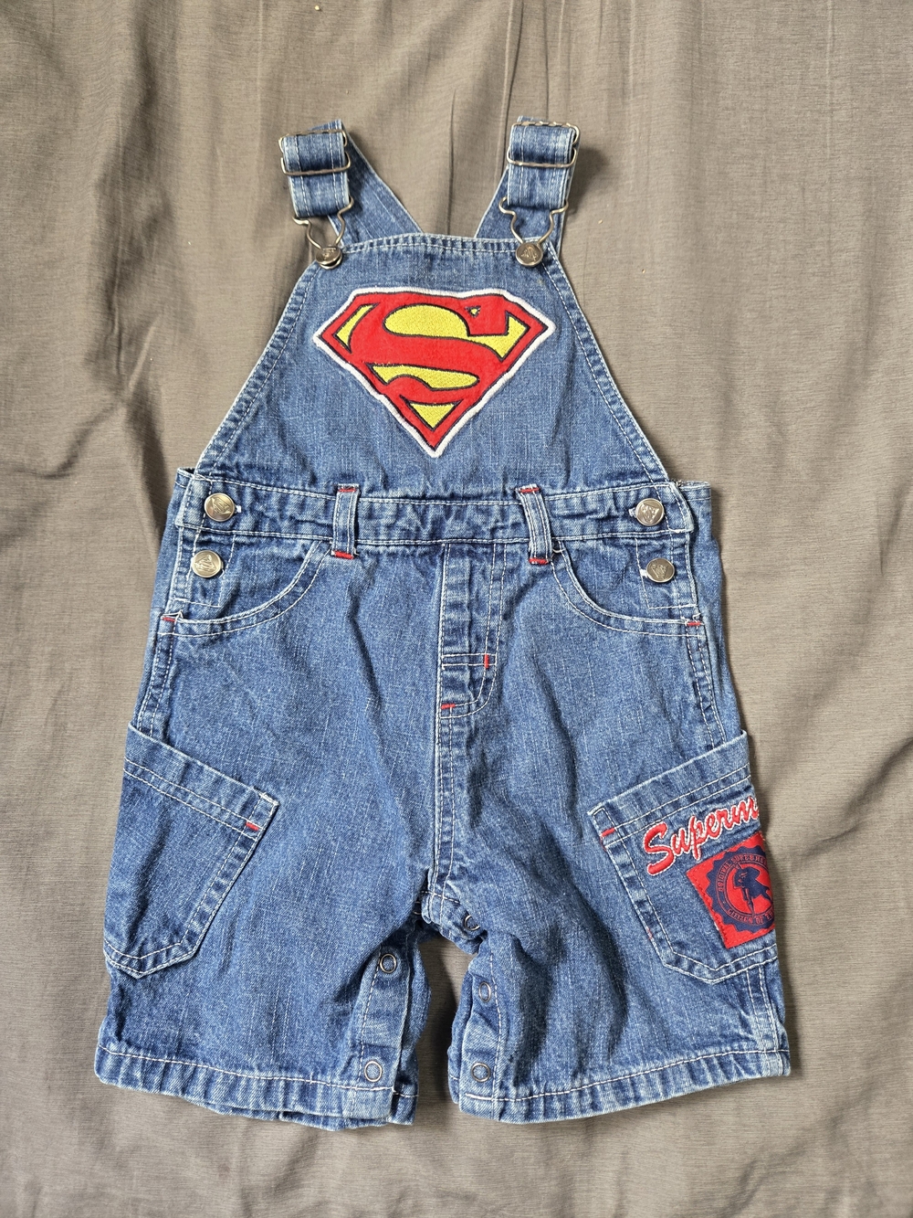 DC Comics Denim Superman Short Overalls - Blue, Red, Yellow